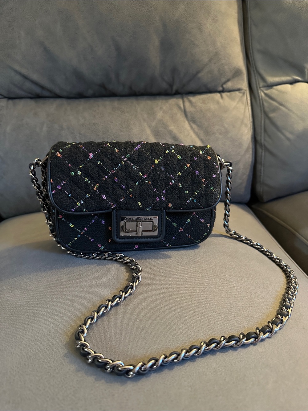 Karl Lageferd Black Chain Shoulder Bag with Multicolor Stitching